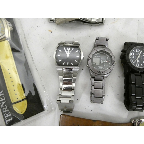 118 - Various men's modern designer watches including Henley, Solo, Armani, Storm, Fossil, Terner.