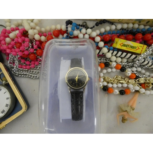 135 - Small box of costume jewellery including pocket watch etc.