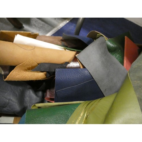 23 - Box of bookbinding material to include leather part skins, cloth and paper rolls etc.