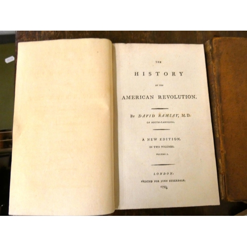 258 - RAMSAY DAVID.  The History of the American Revolution. 2 vols. Old calf, some loss to back... 