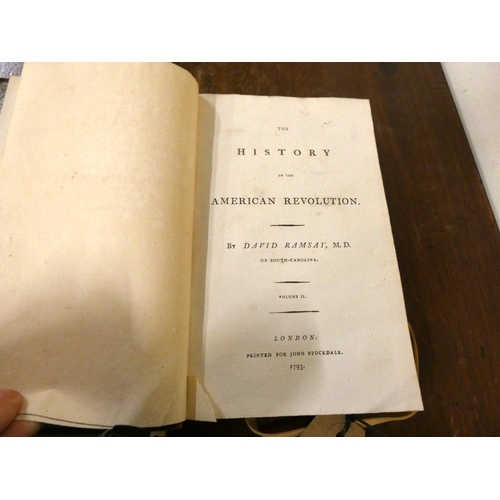 258 - RAMSAY DAVID.  The History of the American Revolution. 2 vols. Old calf, some loss to back... 