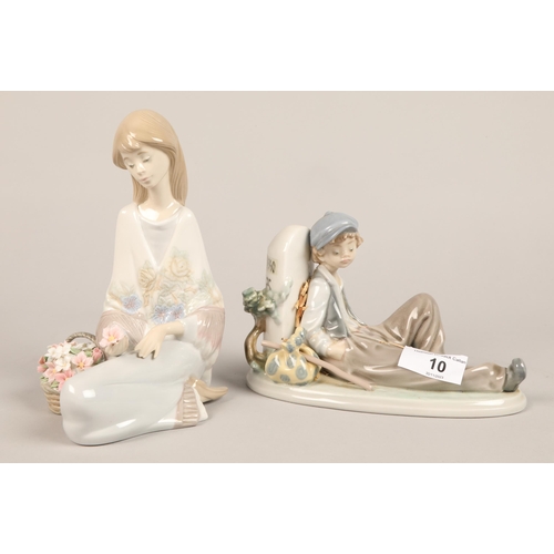 10 - Two Lladro figures, girl and flowers-1988 Lladro museum collectors society, figure of boy resting (2... 