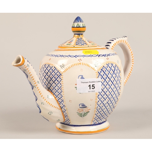 15 - Quimper pottery teapot, inscribed Henriot Quimper France 159 to base 