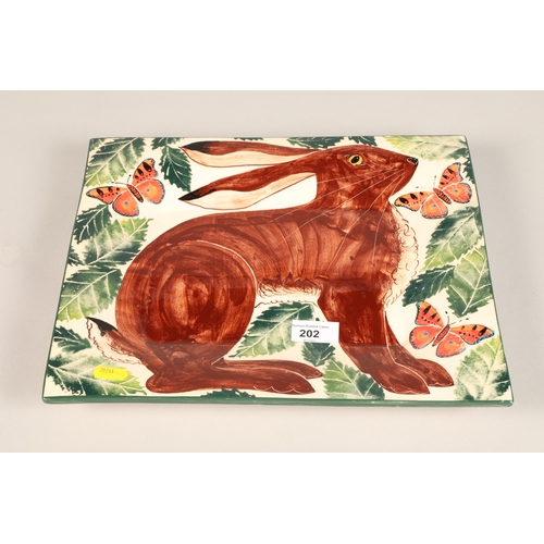 202 - Studio Pottery shallow dish depicting a rabbit, initials verso HB