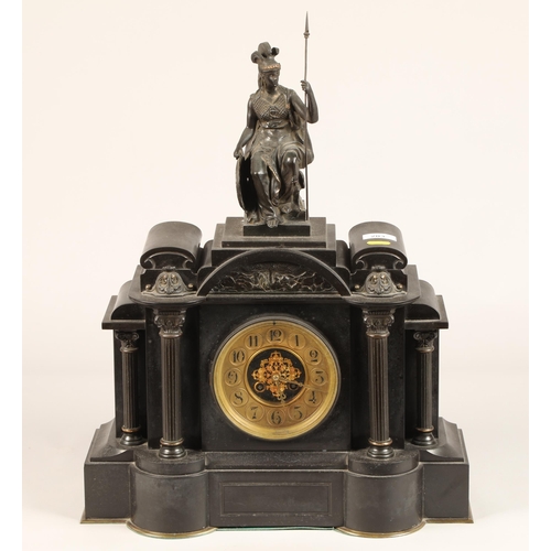 203 - Victorian architectural-style mantel clock, mounted by a figure