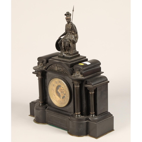 203 - Victorian architectural-style mantel clock, mounted by a figure