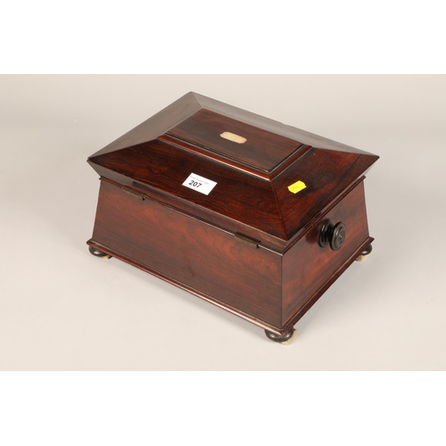 207 - 19th century rosewood tea caddy of sarcophagus form, lacks interior, etc