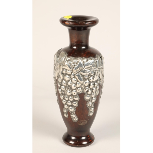 164 - White metal and wood vase with grape design, 28 cm high