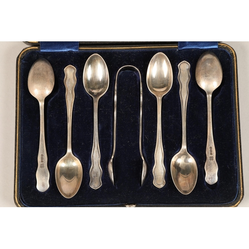 167 - Six silver teaspoons amd sugar tongs in case, Sheffield 1910