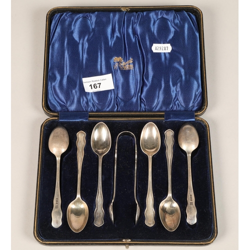 167 - Six silver teaspoons amd sugar tongs in case, Sheffield 1910