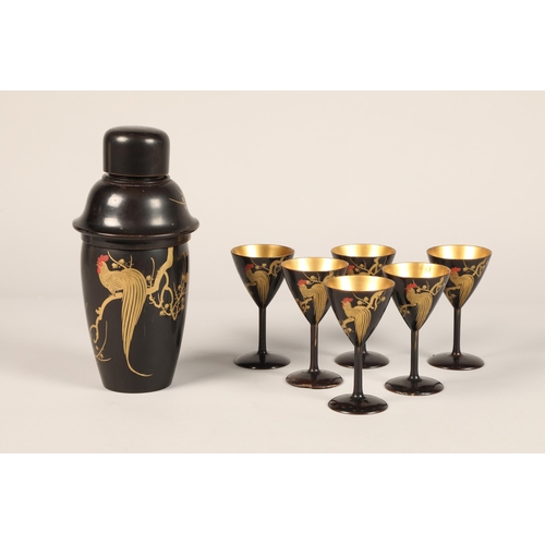 178 - Japanese lacquered cocktail shaker and six lacquered glasses