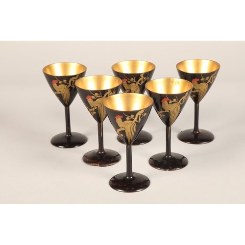 178 - Japanese lacquered cocktail shaker and six lacquered glasses