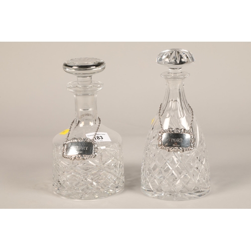 183 - Pair of crystal decanters with silver drinks labels, 'Sherry' and 'Port'