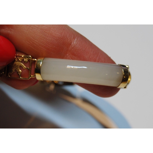 60 - Chinese pale grey jade bangle, in gold, '14k'.