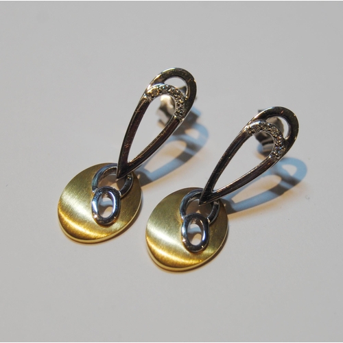 64 - Pair of coloured 18ct gold drop earrings with tiny diamonds, 5.8g.