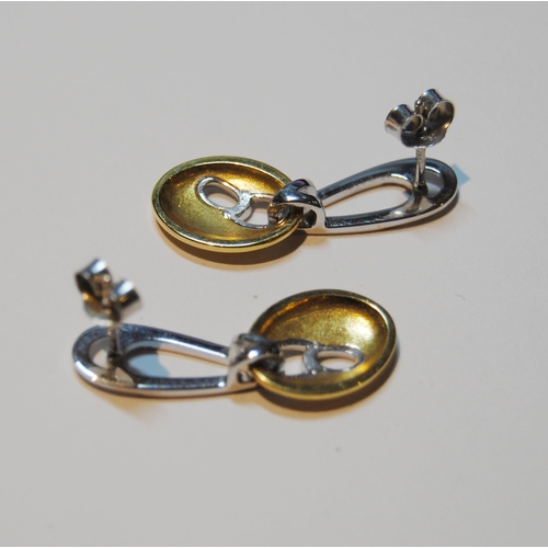 64 - Pair of coloured 18ct gold drop earrings with tiny diamonds, 5.8g.