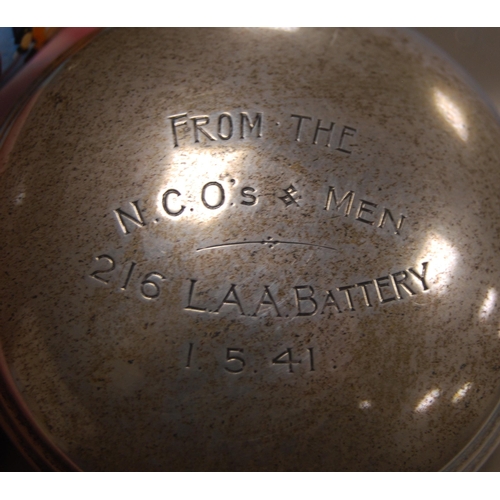 10 - Silver capstan inkwell, 'NCOs & Men 216 LAA Battery', (1941), 15cm, loaded.