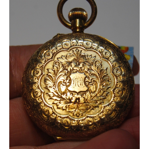 130 - Geneva cylinder pocket watch, in gold, 'K18'.