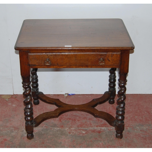 383 - Georgian oak side table with single drawer, on barley and bobbin column supports united by X-form un... 