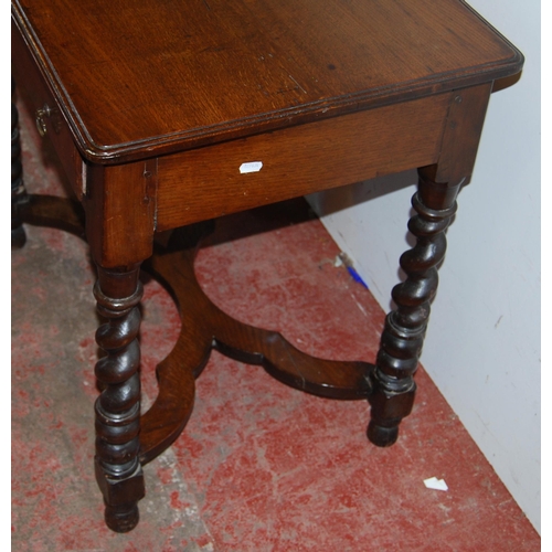 383 - Georgian oak side table with single drawer, on barley and bobbin column supports united by X-form un... 