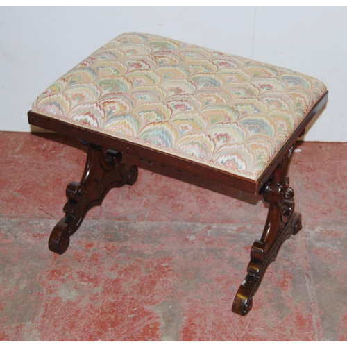 392 - Victorian rosewood stool with later upholstered stuff-over top, on carved lyre and scroll supports u... 