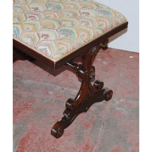 392 - Victorian rosewood stool with later upholstered stuff-over top, on carved lyre and scroll supports u... 