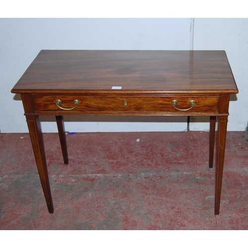 395 - George III mahogany inlaid tea table with rectangular top above a single drawer, on satinwood strung... 