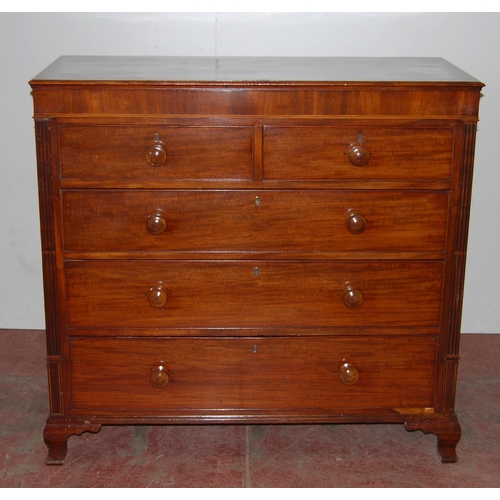 396 - 19th century mahogany chest of two short and three long graduated drawers with turned handles, on br... 