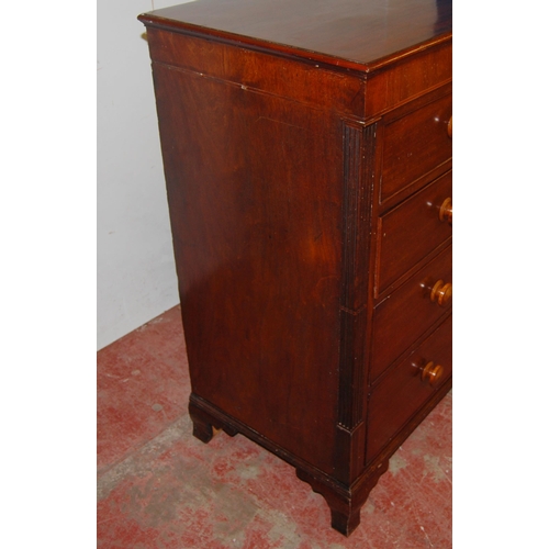 396 - 19th century mahogany chest of two short and three long graduated drawers with turned handles, on br... 