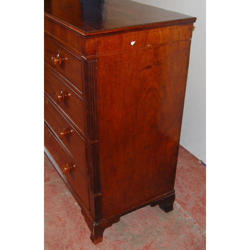 396 - 19th century mahogany chest of two short and three long graduated drawers with turned handles, on br... 