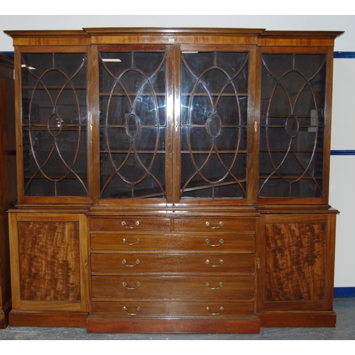 408 - Late 19th century mahogany breakfront library bookcase, the moulded cornice above four astragal glaz... 