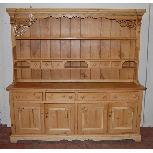 409 - Victorian-style pine Welsh dresser, with breakfront cornice, shaped apron below, above open shelving... 