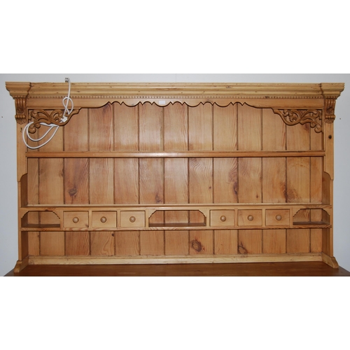 409 - Victorian-style pine Welsh dresser, with breakfront cornice, shaped apron below, above open shelving... 