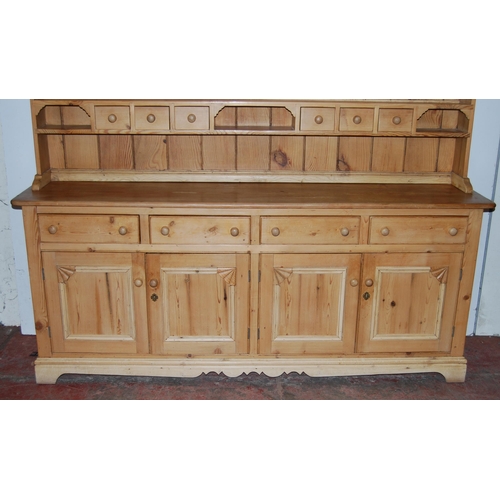 409 - Victorian-style pine Welsh dresser, with breakfront cornice, shaped apron below, above open shelving... 