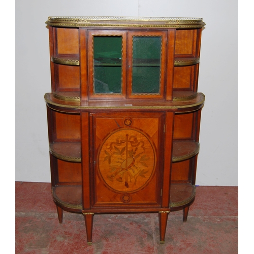 410 - Continental marquetry inlaid cabinet with pierced metal gallery above glazed doors and large marquet... 