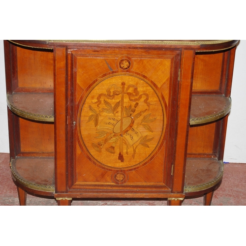 410 - Continental marquetry inlaid cabinet with pierced metal gallery above glazed doors and large marquet... 