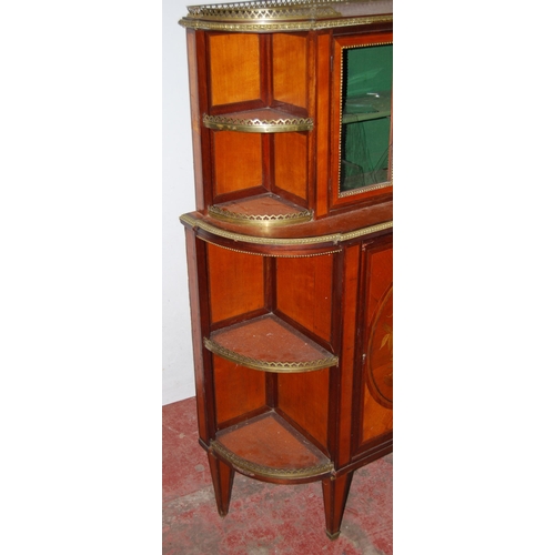 410 - Continental marquetry inlaid cabinet with pierced metal gallery above glazed doors and large marquet... 