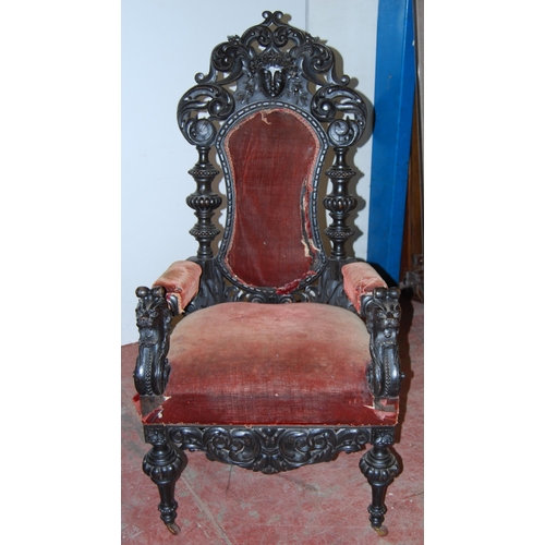 411 - Pair of Carolean-type throne armchairs, each with a shaped back rest decorated with scrolls and inse... 