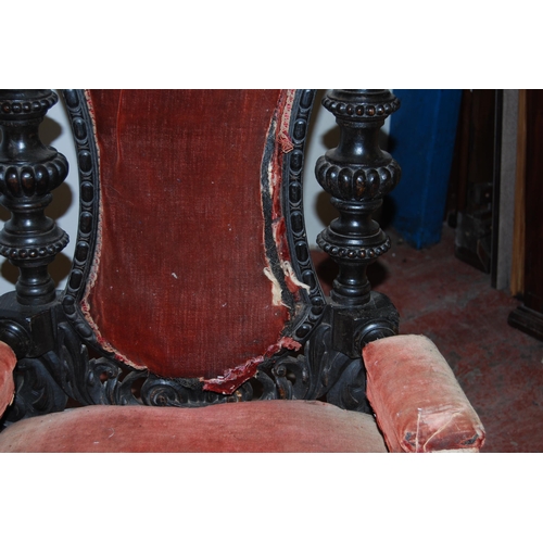 411 - Pair of Carolean-type throne armchairs, each with a shaped back rest decorated with scrolls and inse... 