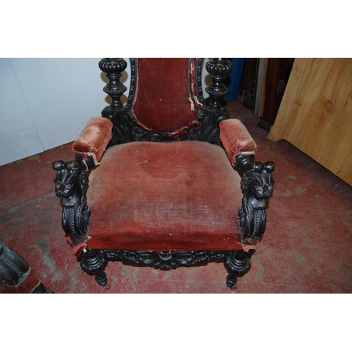 411 - Pair of Carolean-type throne armchairs, each with a shaped back rest decorated with scrolls and inse... 