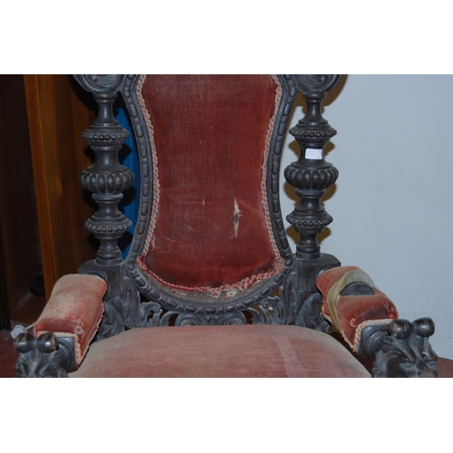 411 - Pair of Carolean-type throne armchairs, each with a shaped back rest decorated with scrolls and inse... 