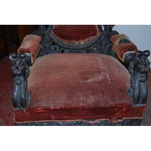 411 - Pair of Carolean-type throne armchairs, each with a shaped back rest decorated with scrolls and inse... 