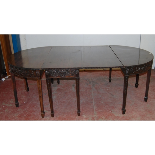 412 - 19th century Adams-style mahogany dining table, comprising a centre section and two D-end tables, th... 