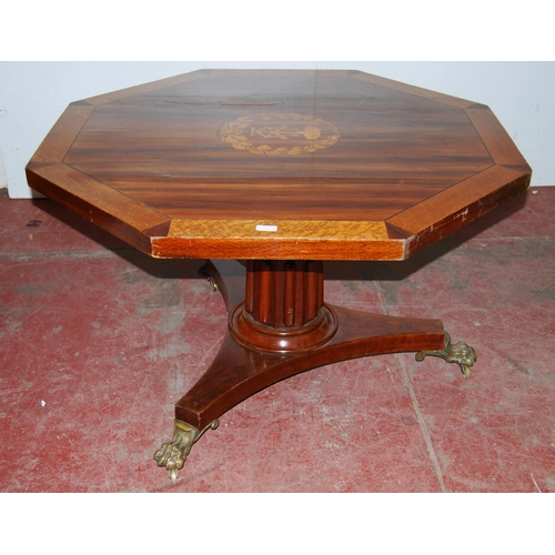 416 - 19th century inlaid mahogany breakfast table with octagonal tilt top, on cylindrical column and plat... 