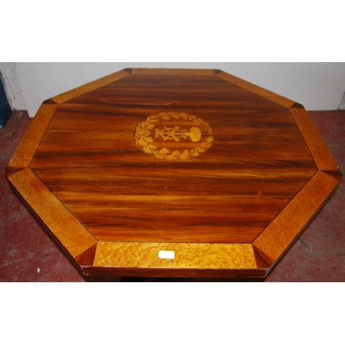 416 - 19th century inlaid mahogany breakfast table with octagonal tilt top, on cylindrical column and plat... 