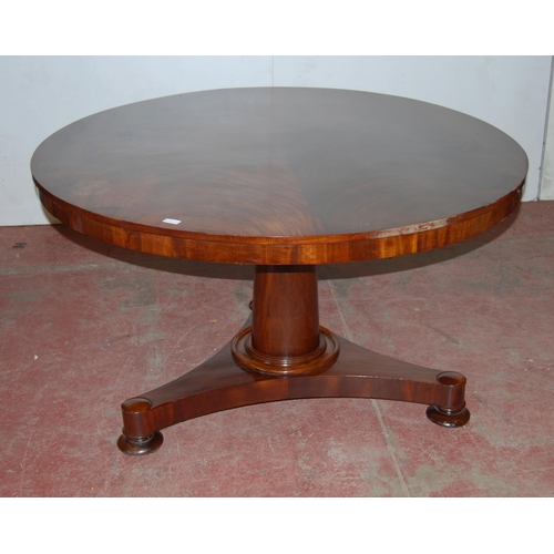 417 - 19th century mahogany breakfast table with circular tilt top, on tapered cylindrical column, platfor... 