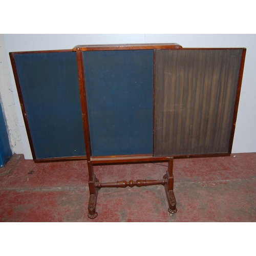 419 - 19th century mahogany screen in the manner of Gillows of Lancaster, with draped fabric to the front ... 