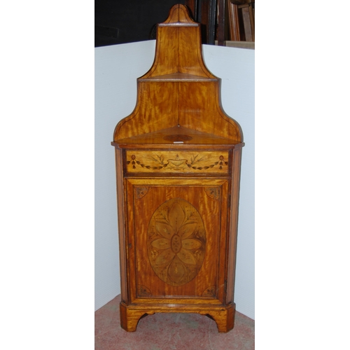 420 - 19th century inlaid satinwood corner cabinet, inlaid with urns and foliage, 90cm high and 53cm wide.