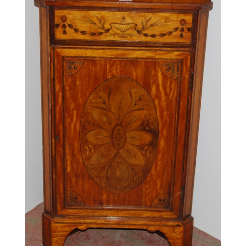 420 - 19th century inlaid satinwood corner cabinet, inlaid with urns and foliage, 90cm high and 53cm wide.