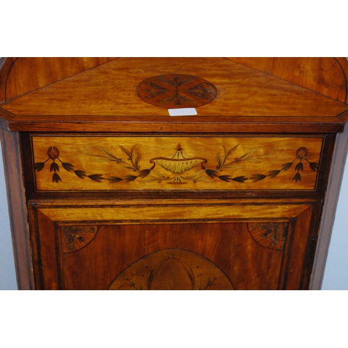 420 - 19th century inlaid satinwood corner cabinet, inlaid with urns and foliage, 90cm high and 53cm wide.